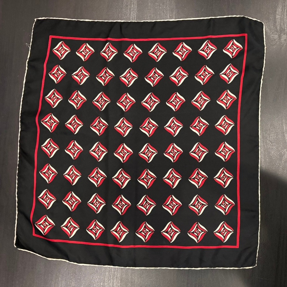 Vintage Square Neck Scarf Black‎ Red White Geometric Diamond Print Rolled Hem